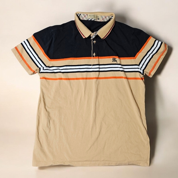 Vintage BURBERRY Icon Stripe Polo NOVA Shirt XXL (Fits Small)Mens Tan Luxury